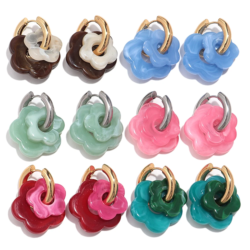 Boucles d'oreilles en forme de fleur acrylique colorée pour femmes et filles, cercles en acier inoxydable, tendance 2025, bijoux cadeaux