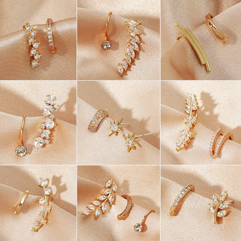 Fashion Alloy Star Leaf Stud Earrings Clips for Women Gold Color Ear Nail Clip Pearl Zircon Earless Stud Earrings Set