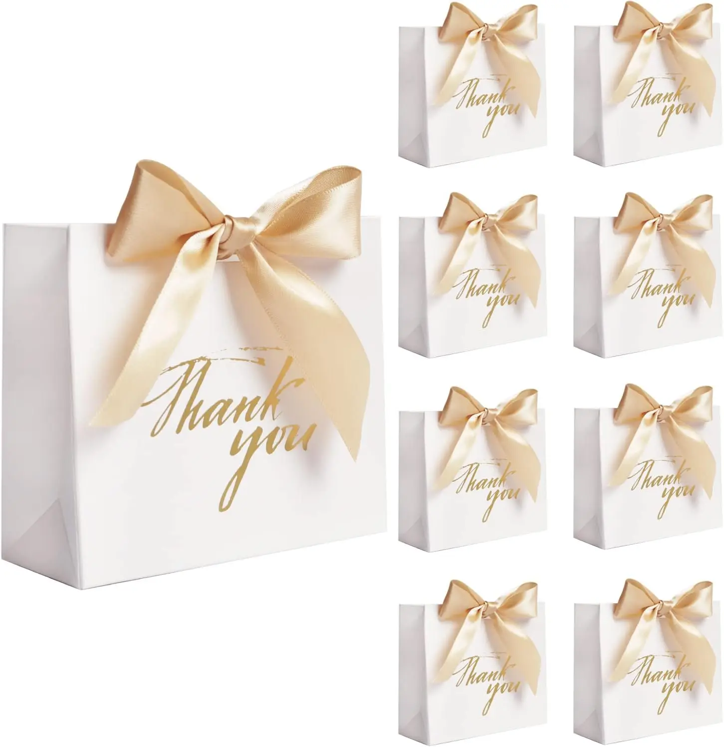 24Pack Small Thank You Party Favor Bags Treat Boxes with Gold Bow Ribbon, White Paper Gift Bags Bulk for Wedding Baby Shower