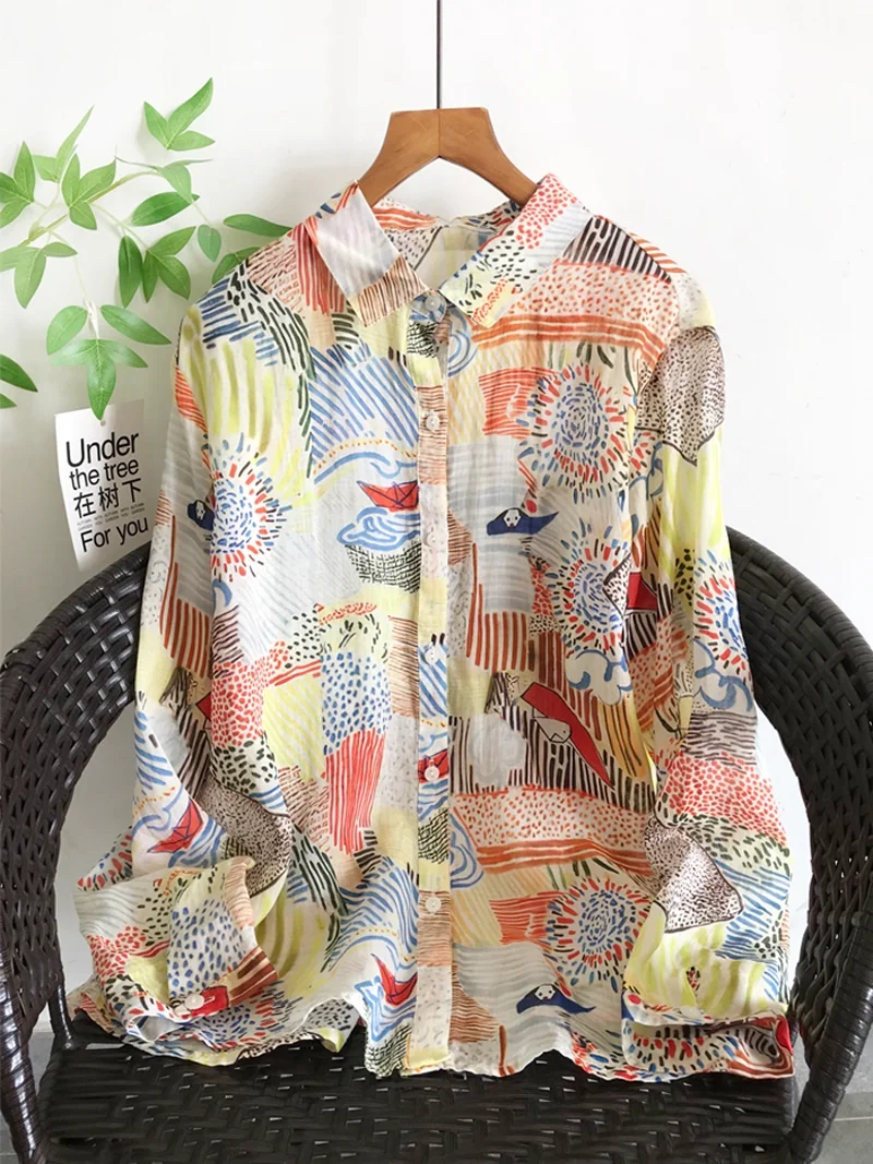 

2025 Design original women's long sleeve top 100% ramie linen cartoon print shirts and blouses for women fall clothes