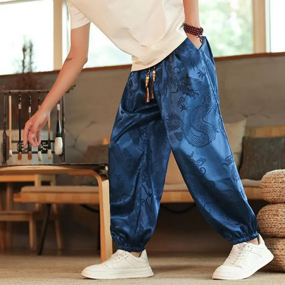 

For Everyday Wear Sport Trousers Pants With Straps Ethnic Vintage Print Men's Pants With Elastic Waistband Multi-pocket Design