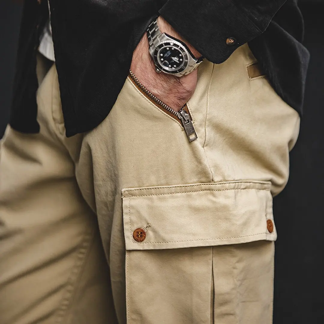 Maden Pantaloni cargo vintage kaki da uomo a vita media a gamba dritta Pantaloni casual Pantaloni multitasche per la primavera e l'autunno