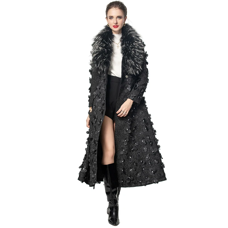 DLDENGHAN Applique Tweed Coat For Women Fur Collar Long Sleeves Belt Pockets High Street Outerwear Autumn Fashion Winter New