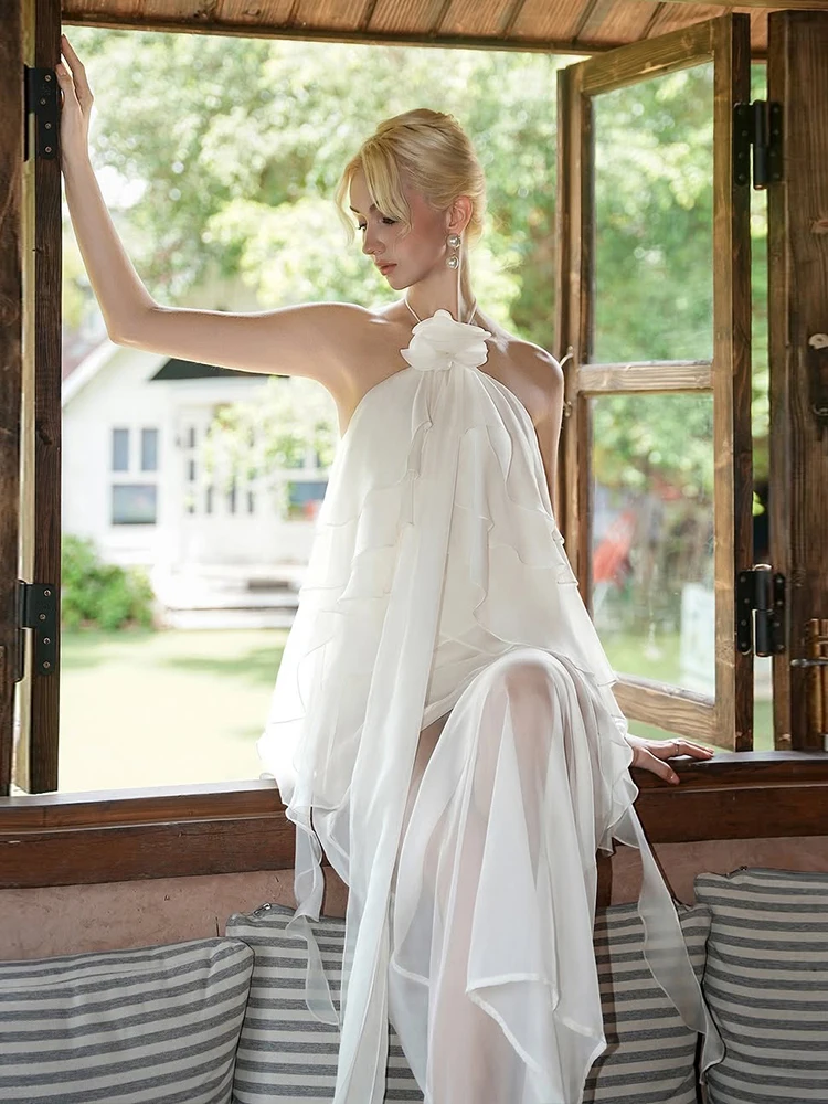 Nibber em camadas maxi vestido feminino halter bandagem 3d flores borla sem costas sem mangas verão moda férias vestidos elegantes