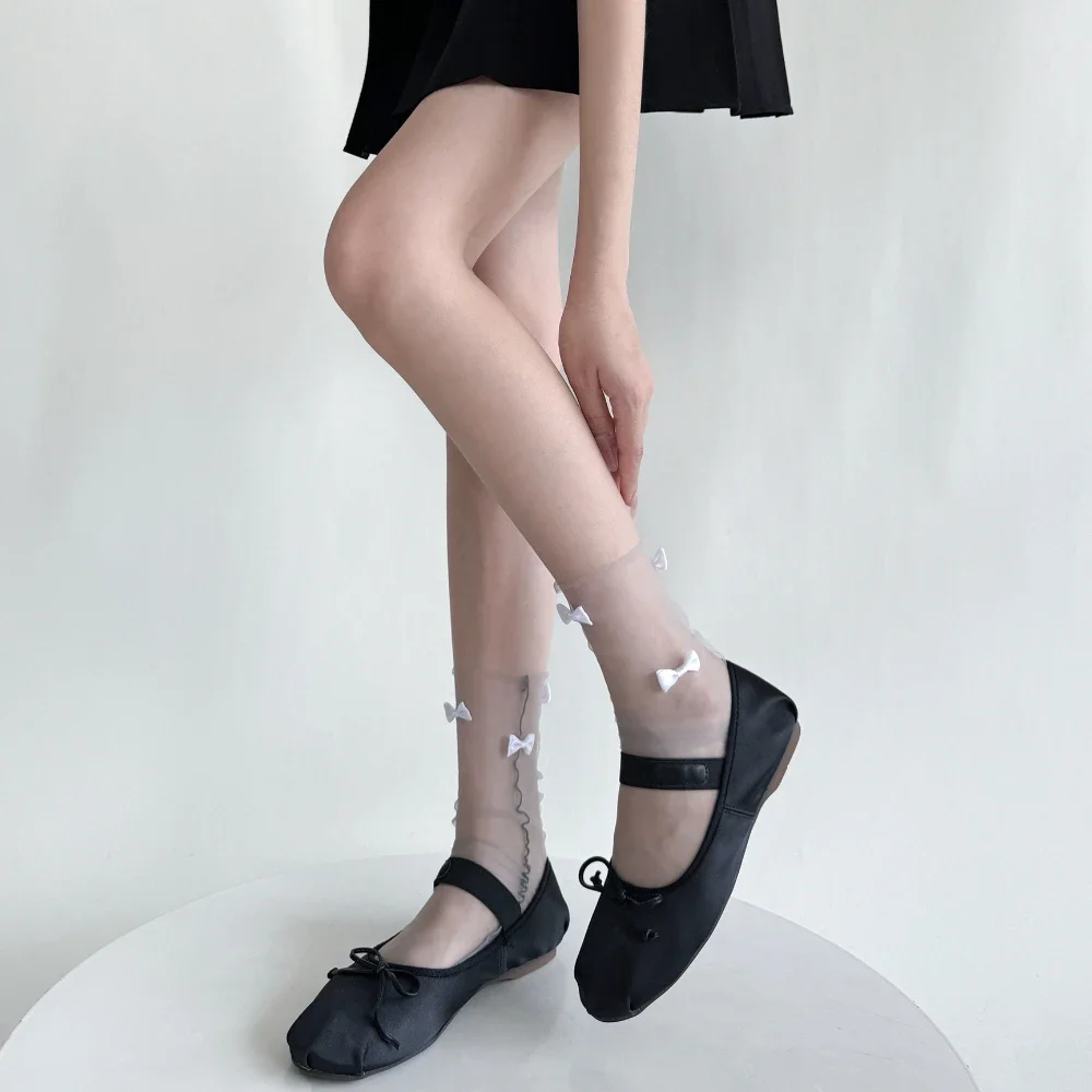 Women Socks Summer Ultra-thin Transparent Solid Color Loose Long Socks Cute Bow Lolita Sweet Girls Kawaii Cute Mesh Lace Socks
