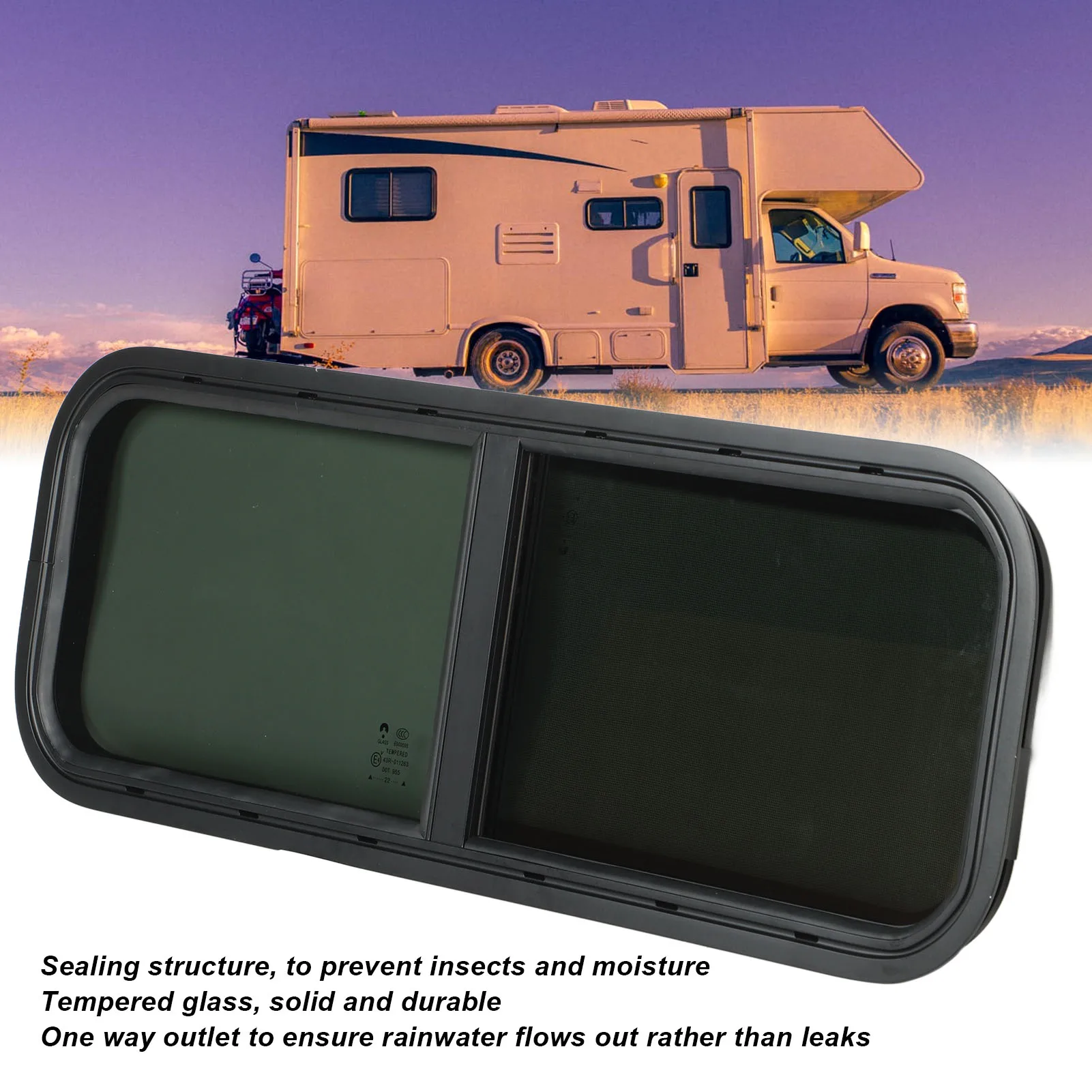 Glass RV Window Camper Shade Window 900x300mm Round Angle Sliding RV Window Black Tempered Glass Shade Window for Camper Trailer