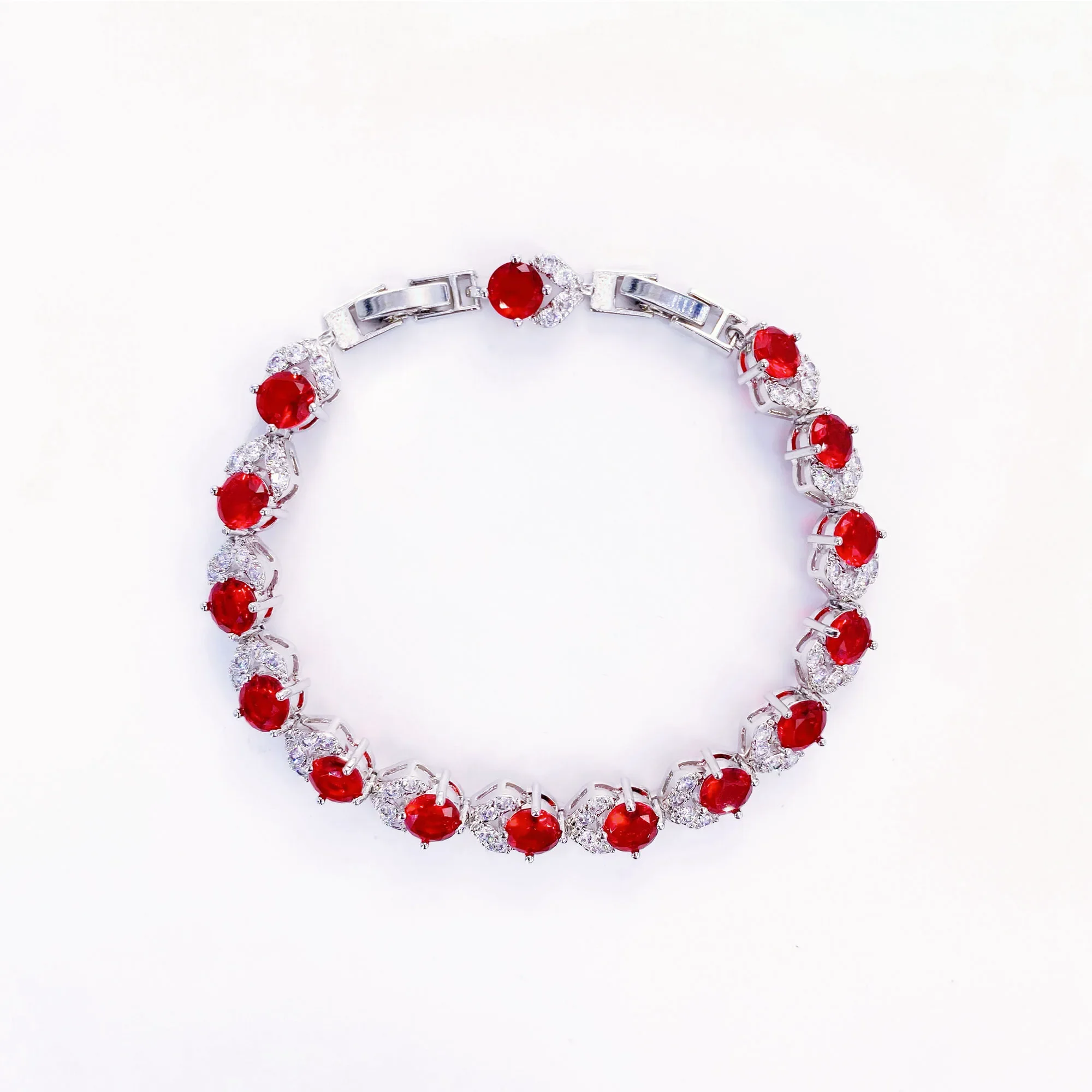 Rosy red round flower shape copper silver plated zircon bracelet light luxury high sense