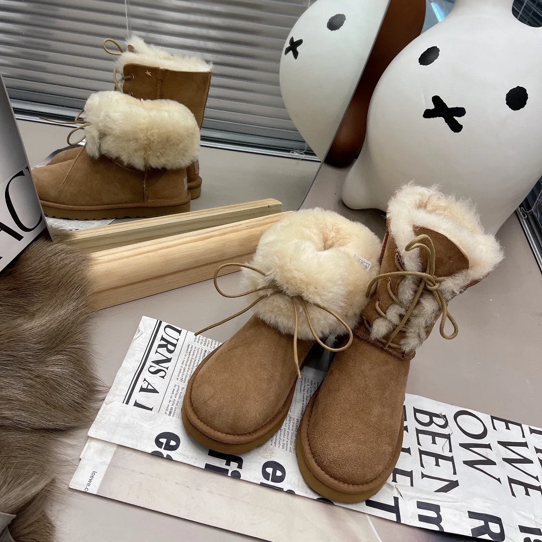 Sheepskin Leather Fur Snow Boots Winter 2023 Women Real Wool Boots Warm Thickened Cotton Mid-calf Lace-up Goddess Boots