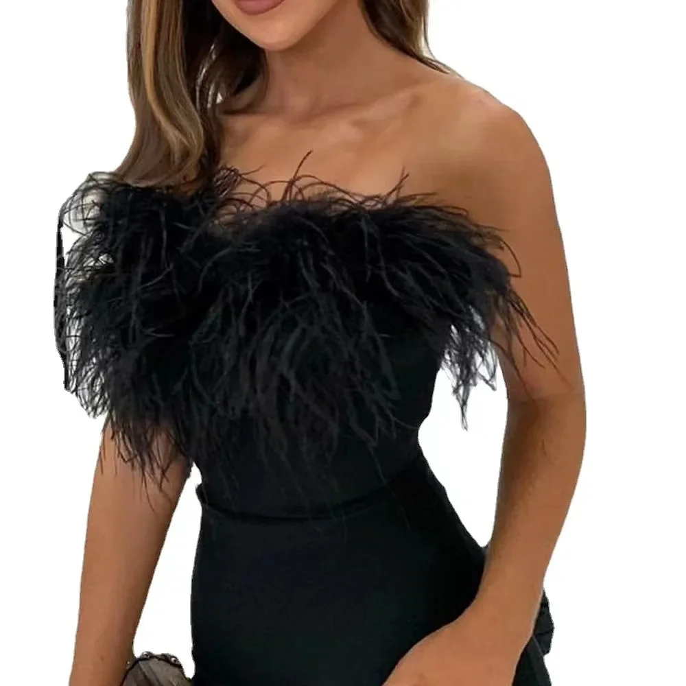 Women Luxury Evening Elegance Luxury Feather One Shoulder Cocktail Dresses Party Dress