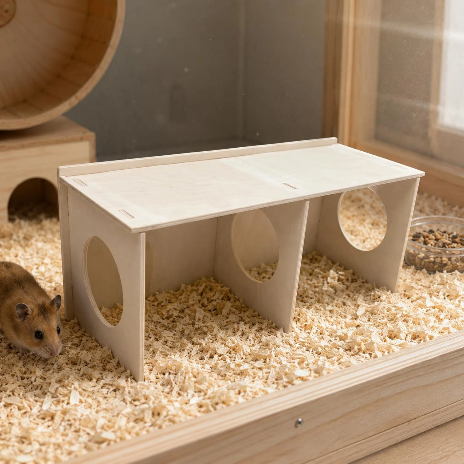 Hamster Hideout Platform Circular Openings Hamster Playhouse Enclosure Accessory Set Natural Wood Creature Playground Flat Top