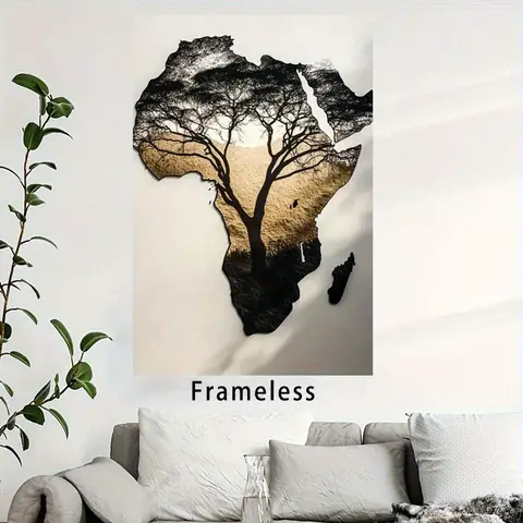 Art mural d'arbre africain sans cadre – Design de silhouette unique avec éléphant et girafe, idéal pour la décoration du salon, de la chambre à coucher ou du café