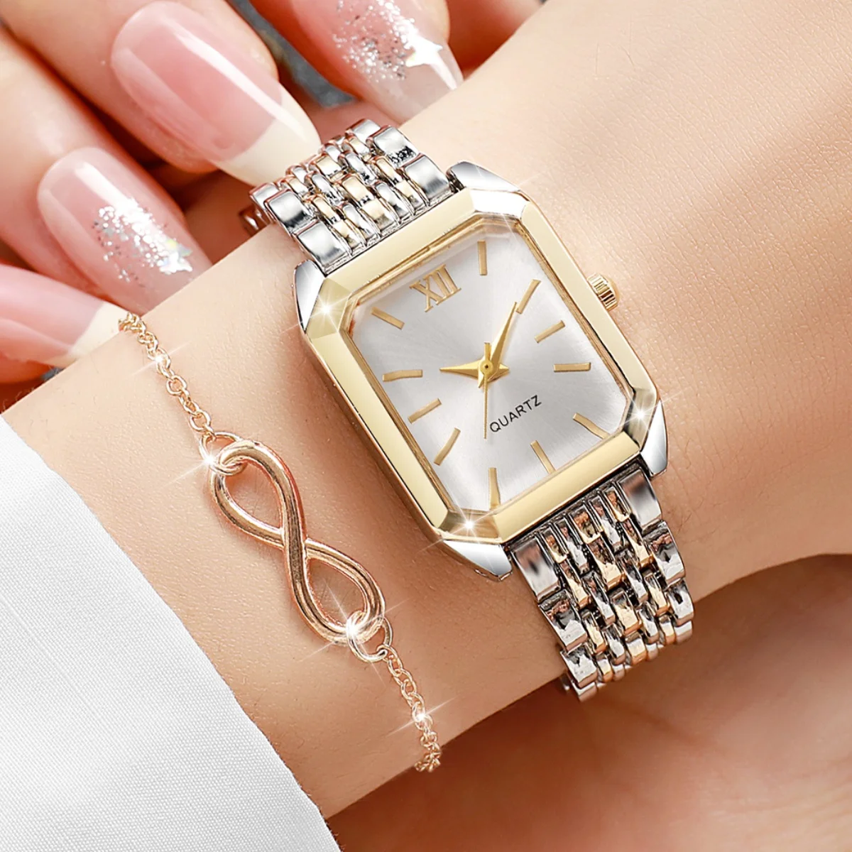 2PCS Fashion Rectangle Roma Dial Ladies Wristwatch Women Quartz Watches Jewelry Set Reloj Mujer (Without Box)