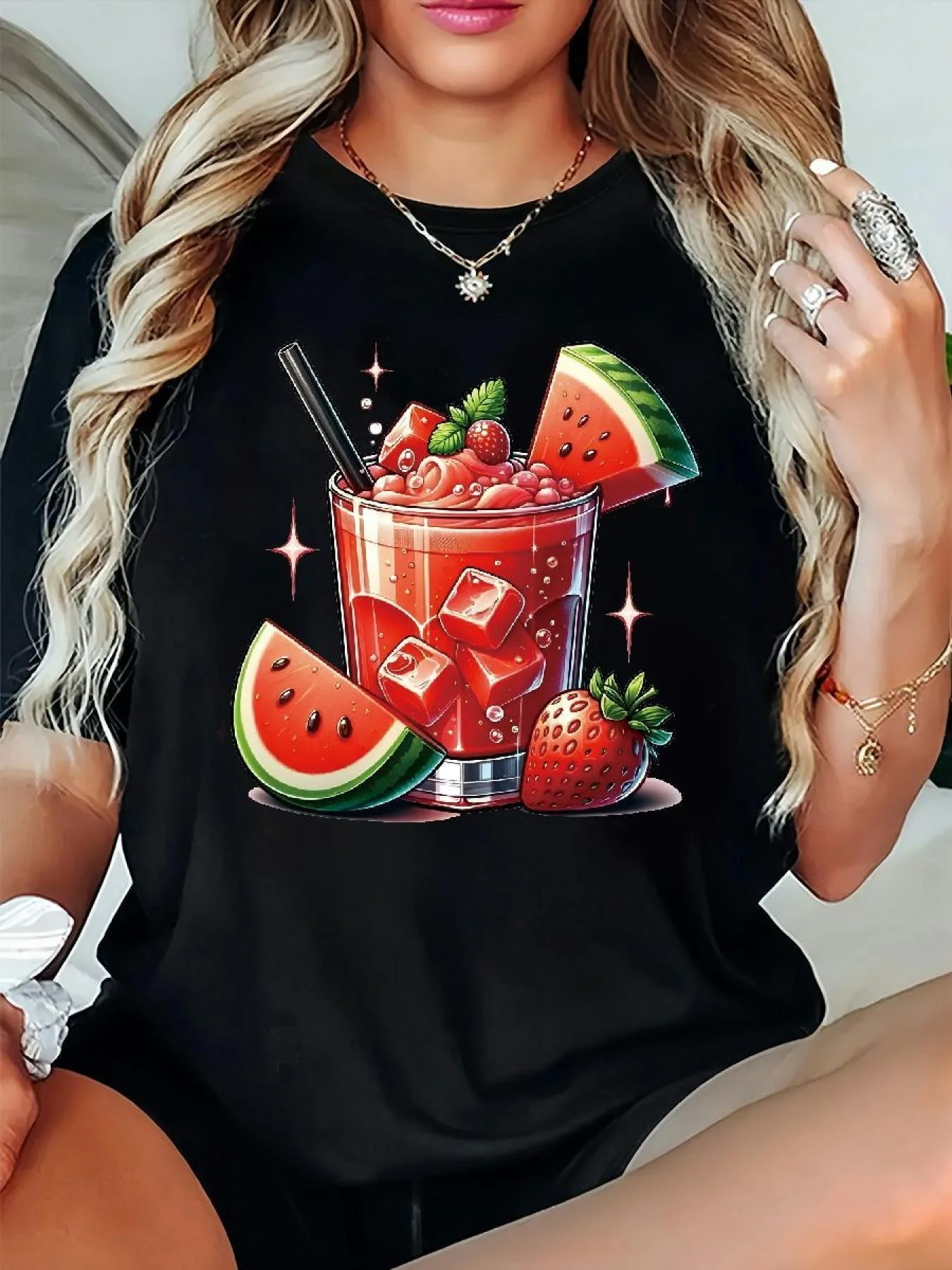 

Женская летняя футболка с принтом арбуза и клубники, с изображением освежающего фруктового салата с кубиками и дизайном листьев мяты, эстетичная одежда