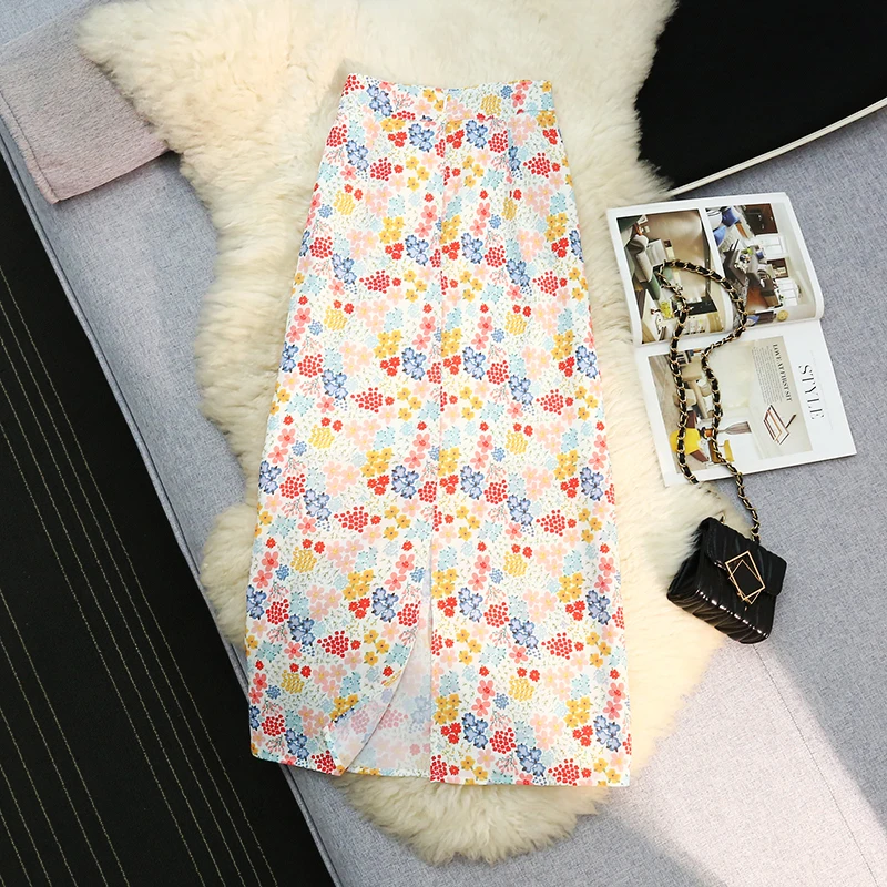 Women's High Elastic Waist Midi Skirt Casual Summer Trendy 2026 Floral Print A line Skirts Korean Style Lady Skirt Bottom