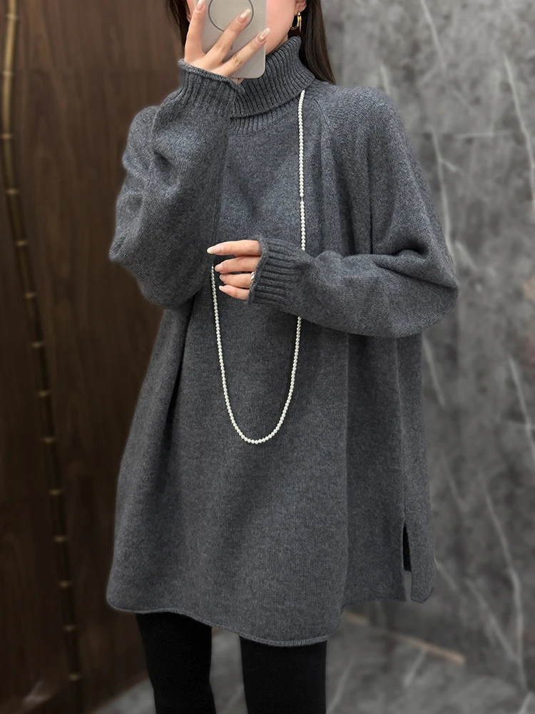 

New Women 100% Merino Wool Sweater Thick Autumn Winter Knitwear Turtleneck Pullover Length Blouse Long Sleeve Clothes Loose Tops