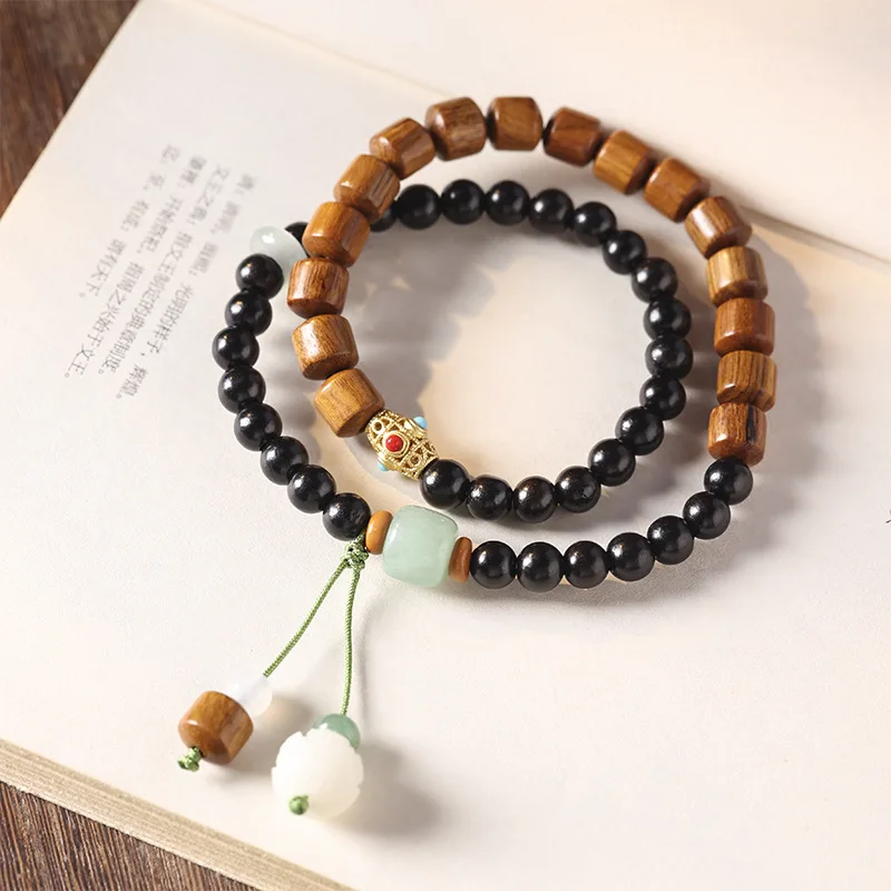 Natural Ebony Wood Mix  Match Tribute Bucket Beads Creative Bracelet Women's Artistic Mori Hand Play Lotus Lucky Gift Guardian