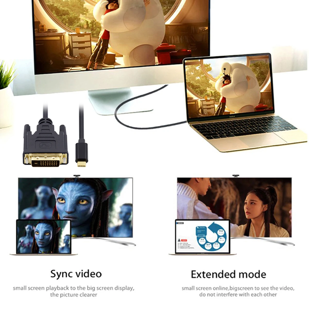 Cablecc USB 3.1 1080P 60hz Monitor Display Ports Cable Male Type C USB-C Source to DVI/VGA for Laptop 1.8M