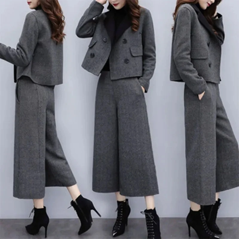 Autumn Winter Fashion Sets Women Top grade Woolen Coat Wide leg pants Leisure Sets 2024 Korean Wool Coat Two-Piece Sets