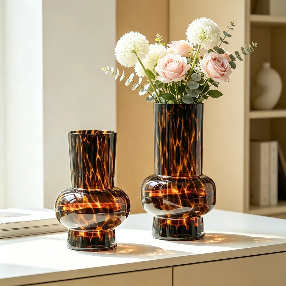 Retro Tortoiseshell Glass Vase Hand Blown Amber Leopard Print Glass Flower Vase for Living Room Table Home Decor