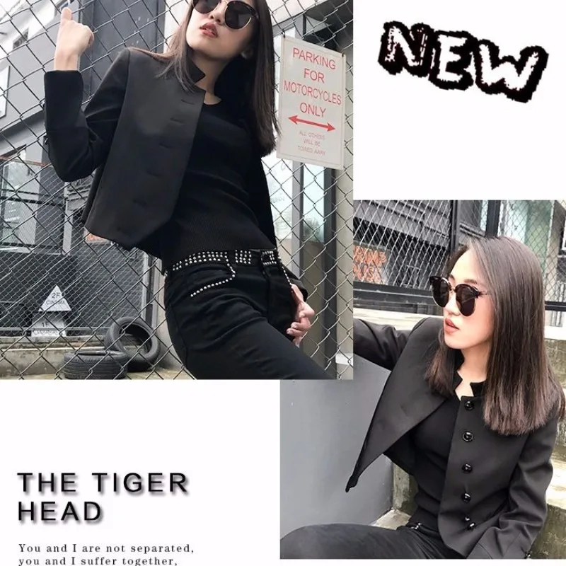 

Черный костюм Мао, короткое пальто, женский универсальный весенне-осенний красивый тонкий повседневный воротник-стойка, нейтральный маленький костюм с металлической пряжкой