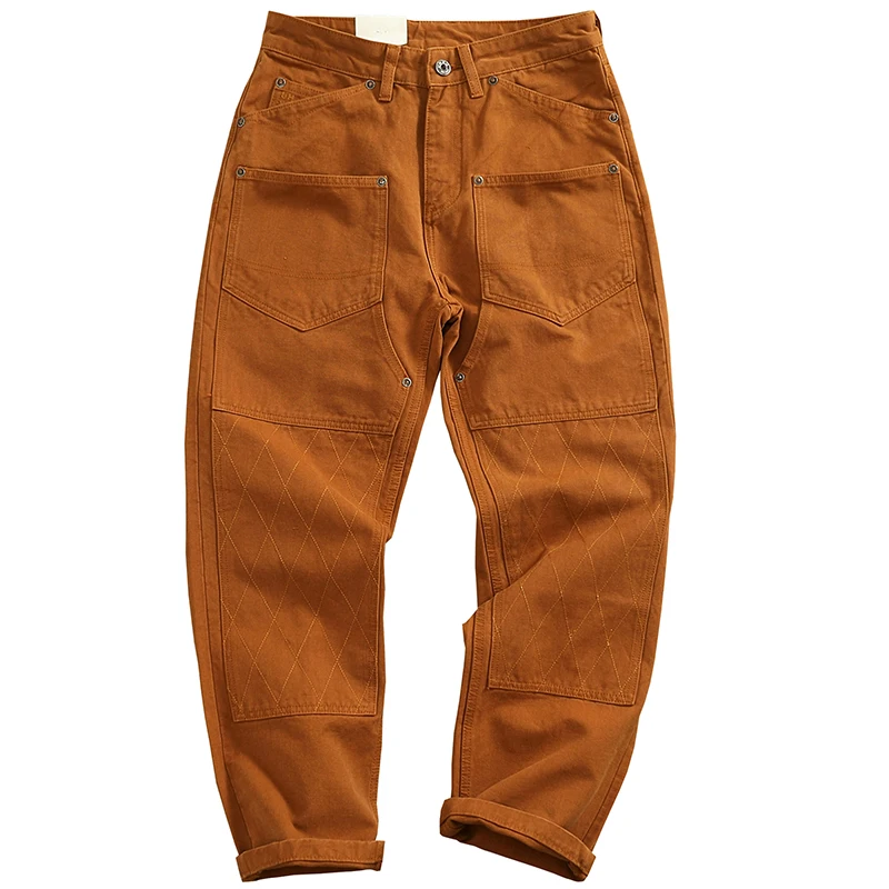 Męskie spodnie w stylu retro American Workwear, casualowe, na wiosnę i lato, nowe, z grubymi naszywkami, luźne, stożkowe, proste nogawki.