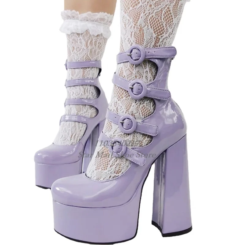 

Super Platform Ankle Boot Purple Patent Leather Chunky Heel Sandals Women Punk Buckle Strap Block High Heels Fashion Party Shoes