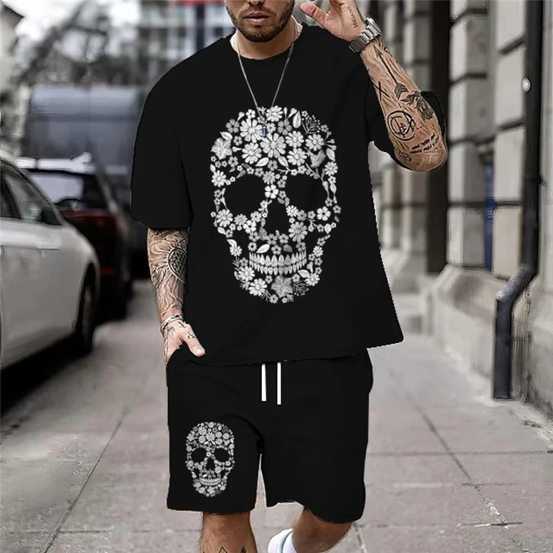 Summer new casual men's skull print 3DT shirt suit fashion street T-shirt loose oversized breathable soft short-sleeved shorts