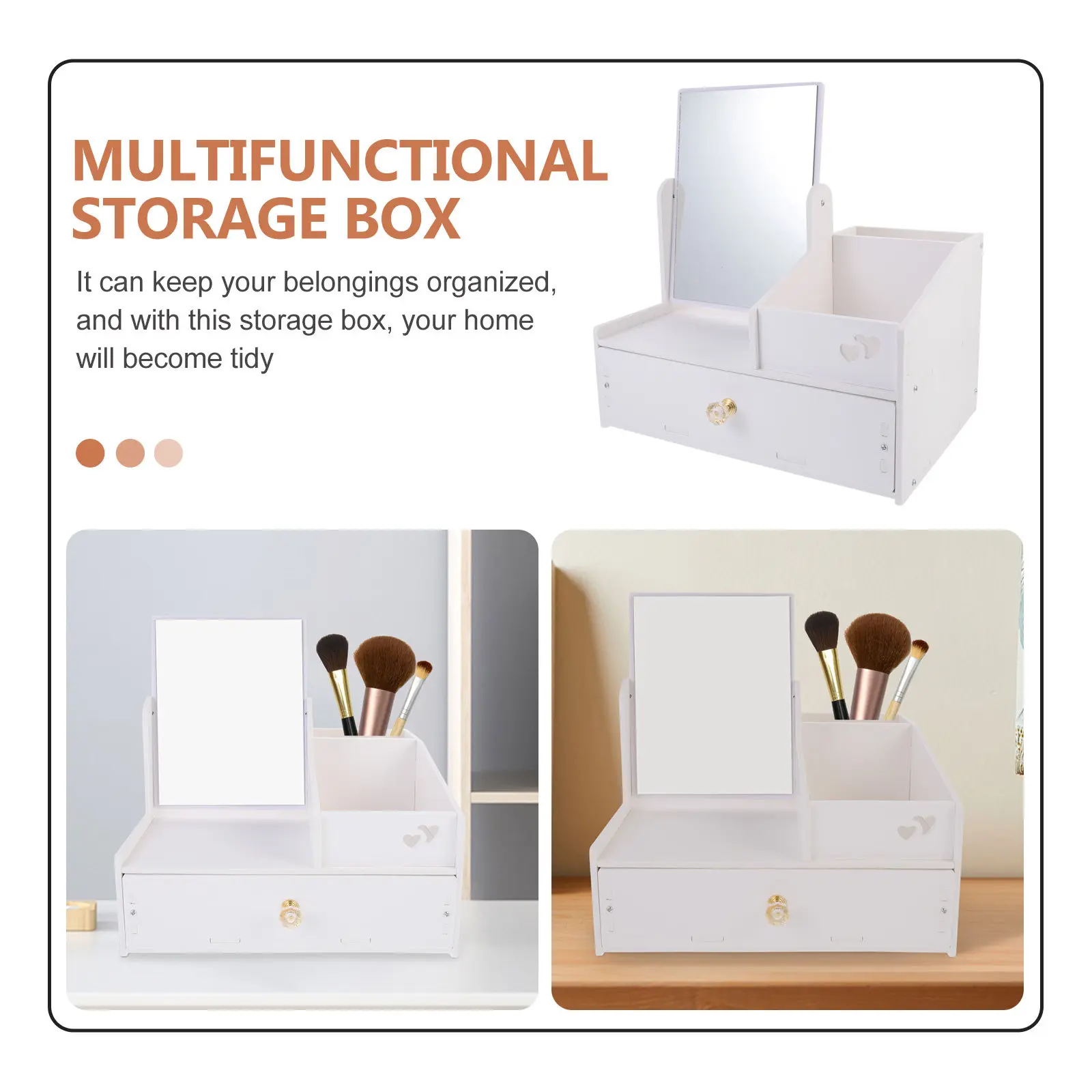 PVC Drawer Storage Box with Mirror Multipurpose Desktop Organizer for Cosmetics Jewelry Sundries Mobile Phones Dressing Table