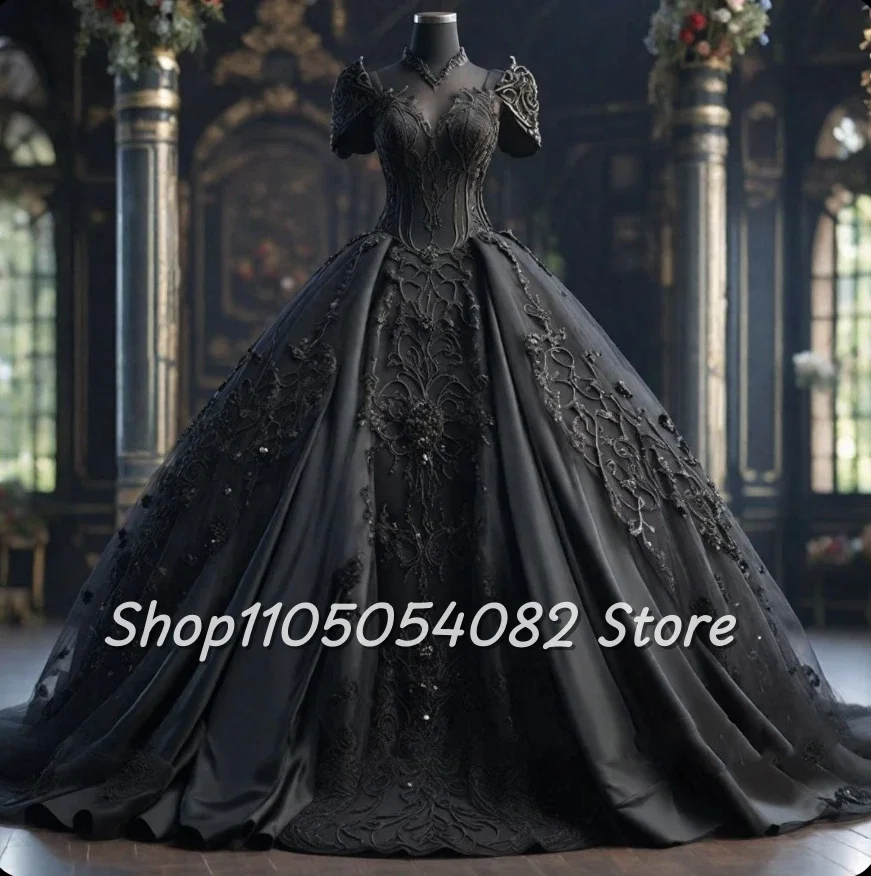 Einzigartige schwarze mittelalterliche Gothic-Brautkleider mit V-Ausschnitt, perlenbesetzten Spitzenapplikationen, A-Linie, plissiertes bodenlanges Brautkleid nach Maß
