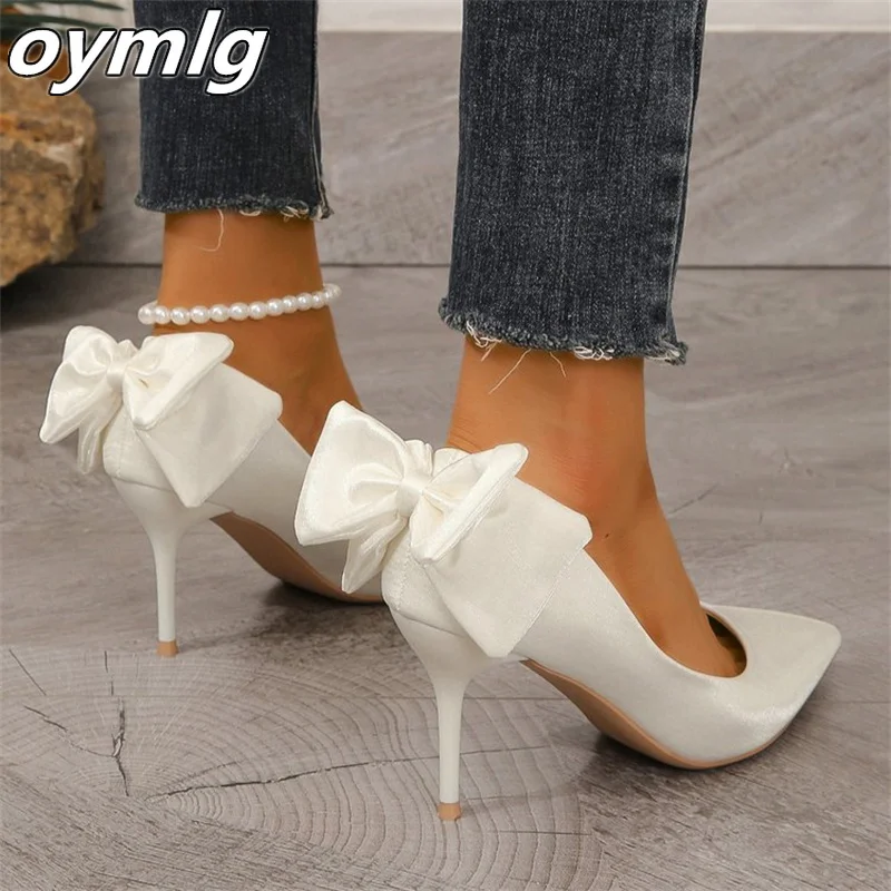 Gentle Style High Heels Women's 2023 Spring and Autumn Pointed Thin Heels with Beaded Bow Design Feeling Single Shoe