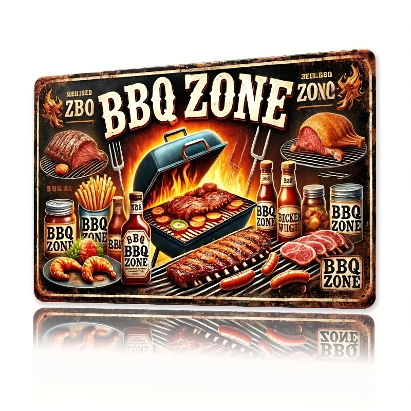 BBQ Zone Metal Sign Retro Tin Wall Art, for Bars, Cafes, Beach Villas, Backyard Farmhouse Decor, Featuring Classic