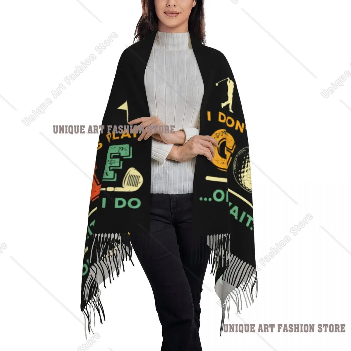 مخصص مضحك الغولف إقتباس وشاح التفاف المرأة طويلة شتاء خريف دافئ شرابة شال للجنسين الأوشحة #3