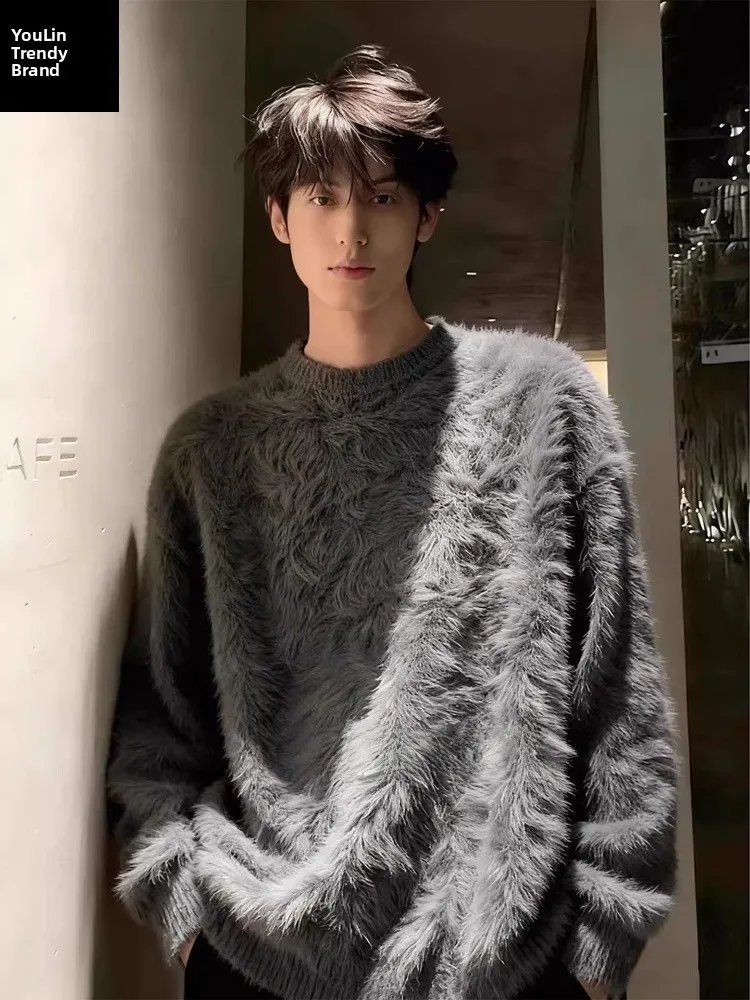 

Мягкий серый вязаный свитер с круглым вырезом для мужчин, повседневная вязаная рубашка для пар, осенне-зимняя, свободного кроя