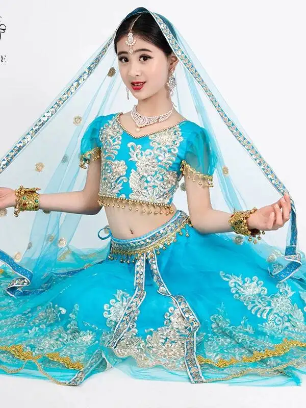 Indian Bollywood Dance Costume Competition Performance Outfit, Children's Lehenga Set, Top, Skirt, Veil, Mesh Performance