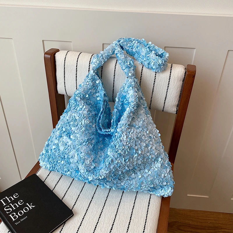 Women Shiny Sequin Large Tote Bag Glitter Soft Hobo Shoulder Purse Multicolor Party Daily Shopping Underarm Handbag
