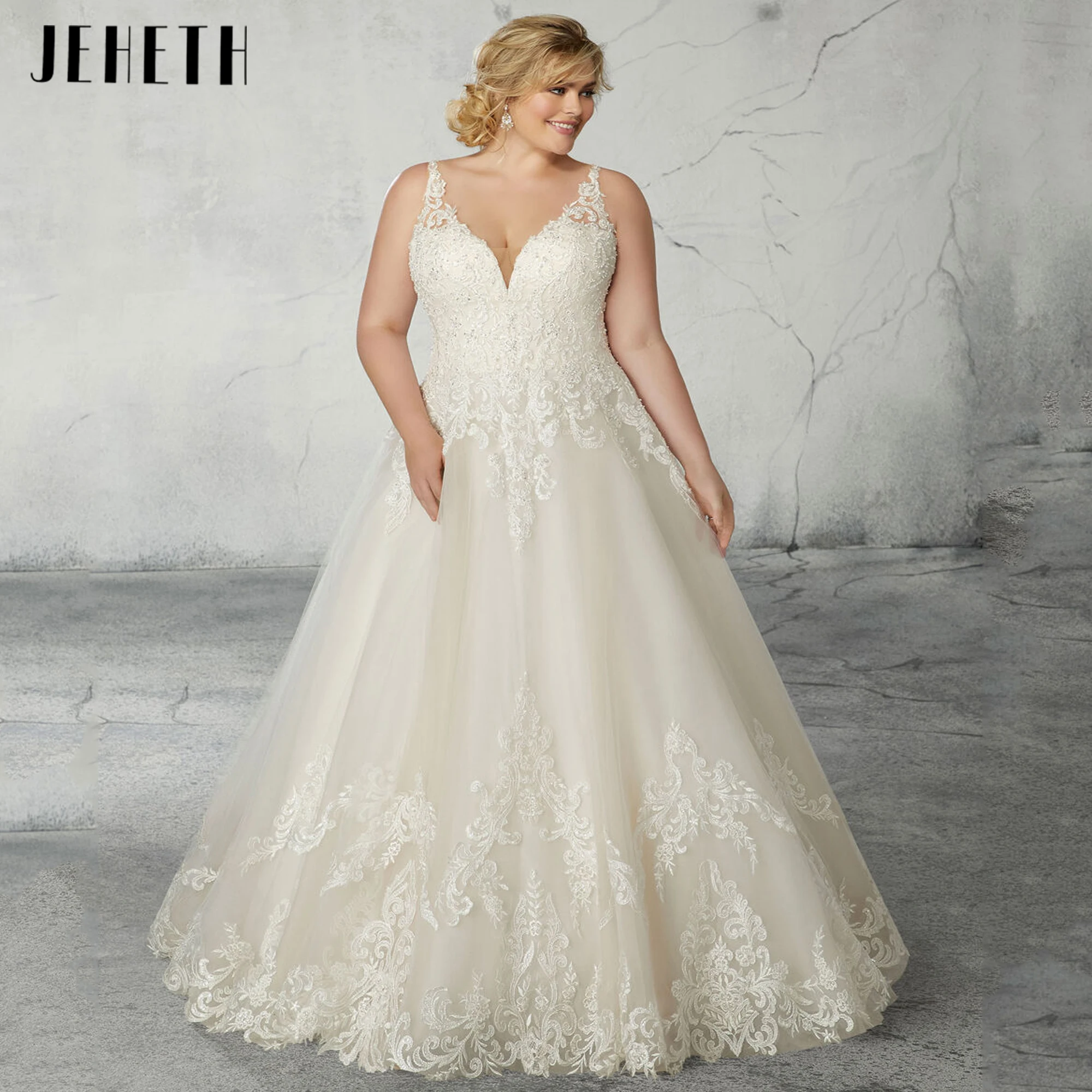 Boho A-Line scollo a V Abiti da sposa taglie forti Applicazioni in pizzo Abito da sposa Bottoni senza maniche Abiti da sposa Nuovi abiti personalizzati Boho A-Line V-Neck Plus Size Abiti da sposa Pizzo Appliche Abito d