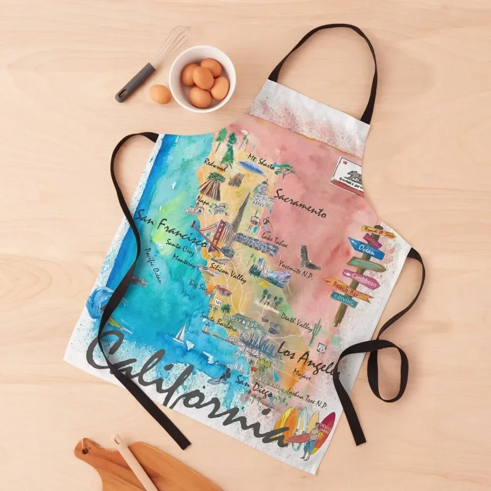 

California Illustrated Map with Tourist Highlights and Roads 2nd Edition Apron Kitchens Accessories bib Camping Apron