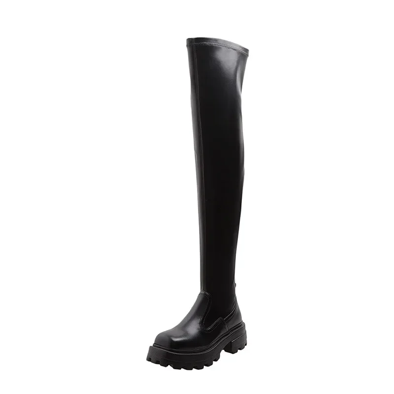 Botas sexis por encima de la rodilla para mujer, zapatos de baile de barra de alta calidad a la moda de Pu, botas modernas de desfile de moda, zapatos de tacón cuadrado para mujer