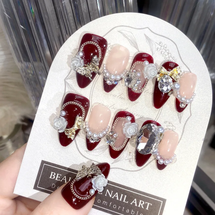 

10Pcs Luxury Handmade Press On Nails Red Sparkling Bride Long Coffin Design Fashion False Nails Manicure Wearable Nail Tips