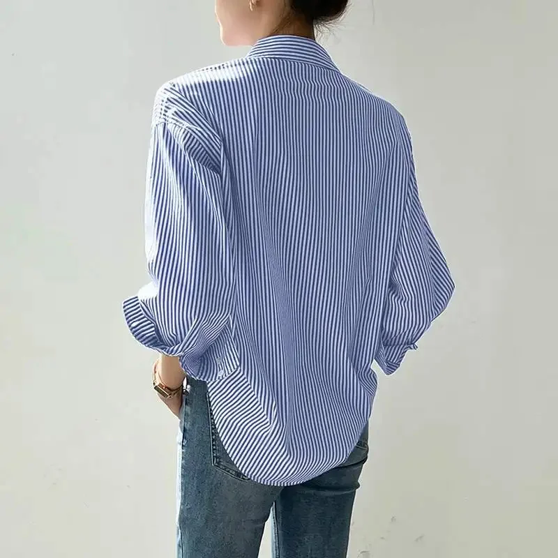 Women Spring Summer Blouses Shirts Lady Fashion Casual Long Sleeve Turn-down Blue Stripes Blusas Tops