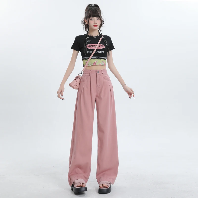 Shascullfites Dirty Pink High Waist Wide Leg Jeans Women Spring 2024 New Loose Straight Pleated Design Mopping Pants