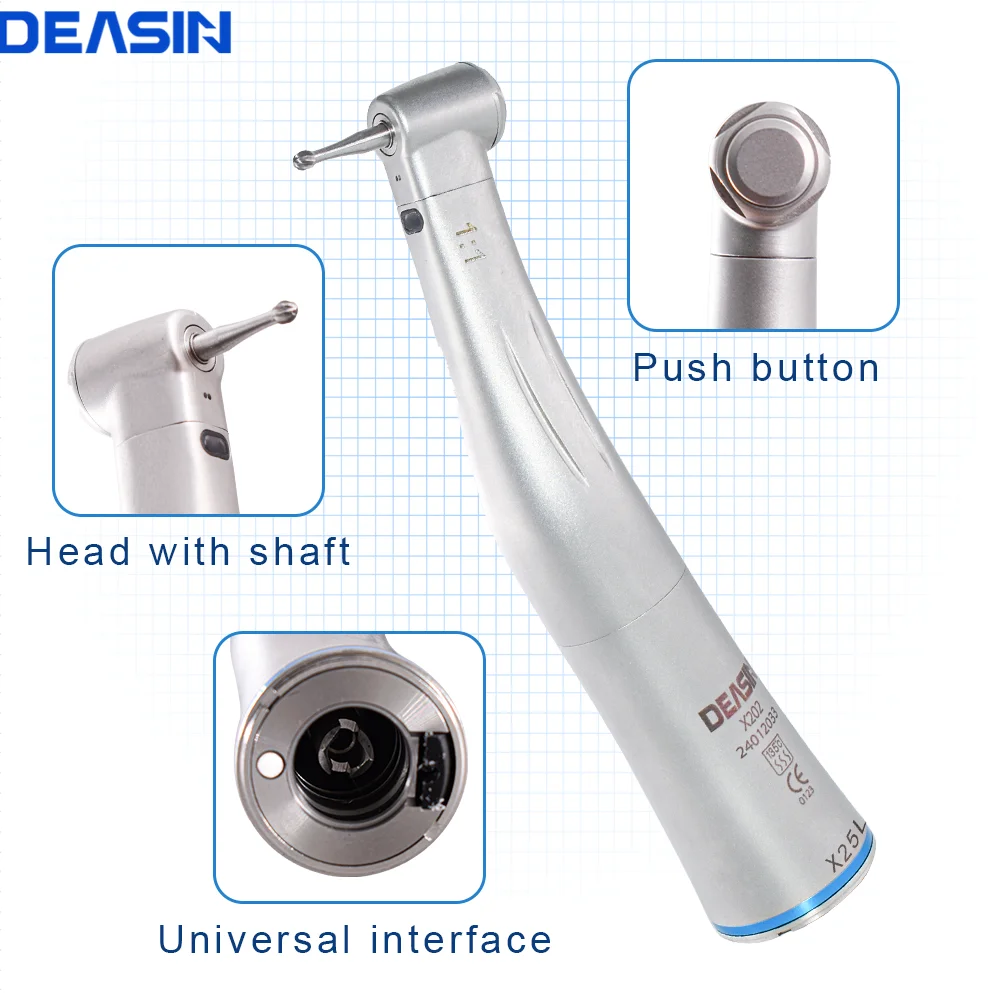 

DEASIN Dental 1:1 Blue Ring Low LED Fiber Optic Speed Handpiece Internal Water Spray X25L Contra Angle Push Button Chuck