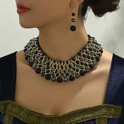 Boho style handcrafted 5-row beaded personality Necklace and earring set - elegant woven jewelry with black beads for ladies