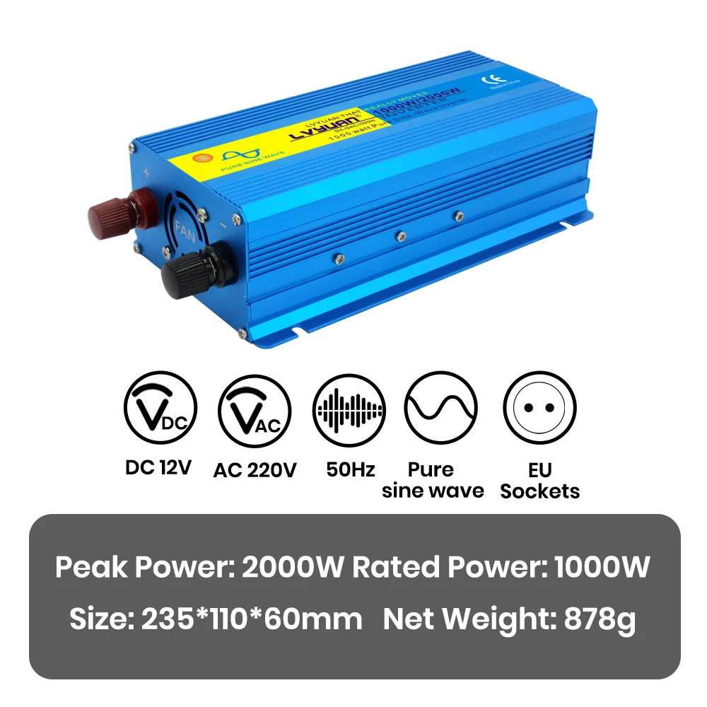 Lvyuan Zuivere Sinusomvormer 2000W DC 12V 24V naar AC 220V 240V Continu Vermogen 2000W Omvormer