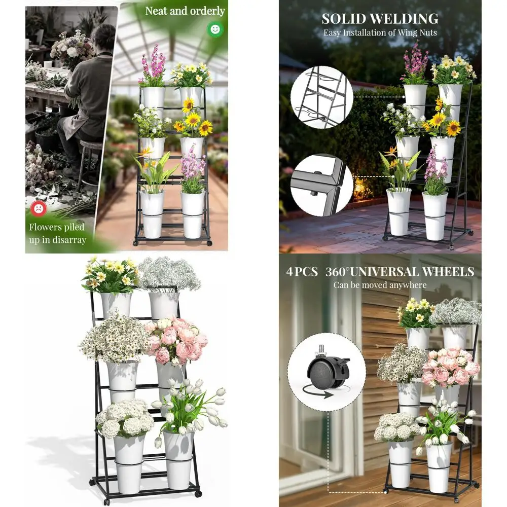 

Sturdy 3-Tier Metal Cart with 6 Planters, Mobile Outdoor/Indoor Trapezoidal Stand for Gardens and Patios