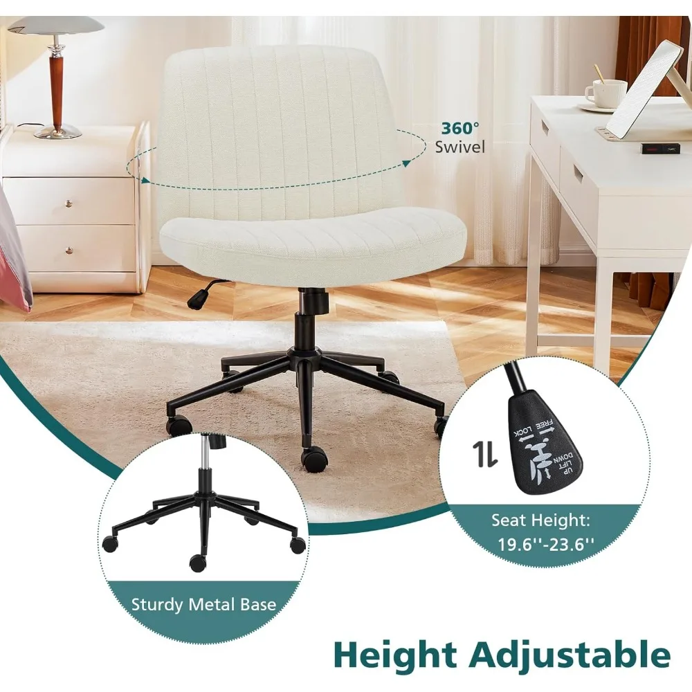 كرسي مكتب دوار قابل للتعديل بعجلات، تصميم واسع الأرجل، مقعد قماش مريح للاستخدام المنزلي