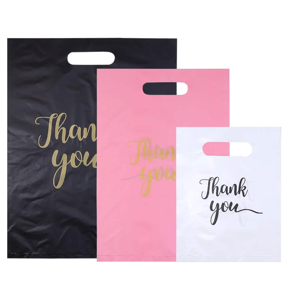 20 قطعة شكرًا لك حقيبة تسوق بلاستيكية مع مقبض بولي يموت قطع البلاستيك البضائع هدية حقيبة هدية للشركات الصغيرة بالتجزئة
