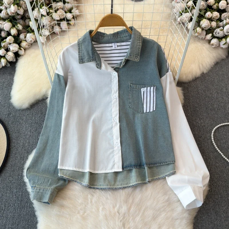 

2025 New Autumn Camisa Korean Summer Jeans Shirt Women's Cotton Office Lady Long Sleeve Denim Shirt Loose Korean Loose Clothes