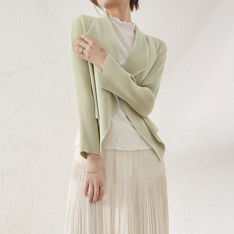 Miyake المرأة 2025 الخريف جديد قميص سترة التلبيب ركاب قصيرة فضفاضة رقيقة مكتب ارتداء دعوى التلبيب كم طويل معطف المرأة
