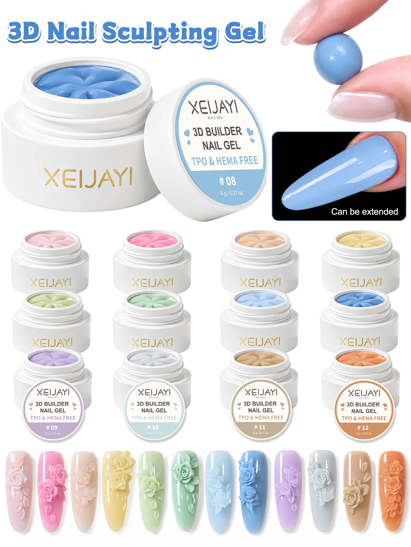 12Pcs 6g Colorful 3D Nail Sculpting Gel , 3D Builder Nail Gel for Natural Nail Tips, Soak Off UV/LED Gel with High Gloss Finish